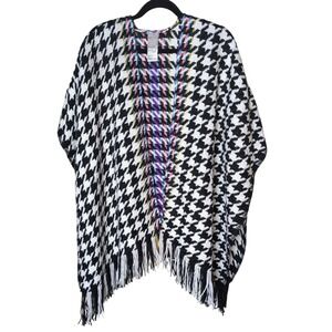 Chico's Oversized Houndstooth Fringe Poncho One Sz Black White with Rainbow Trim